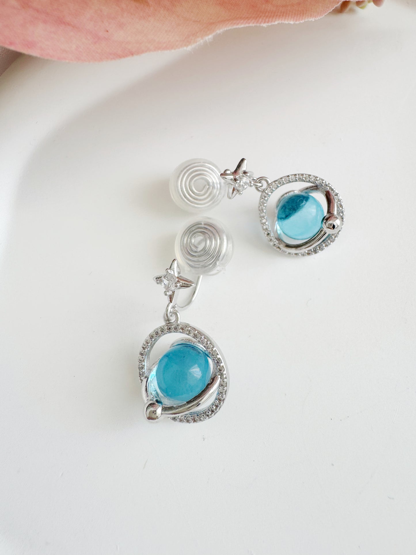 Blue Planet Dangle Clip-On Earrings – Silver Non-Pierced Ear Clips