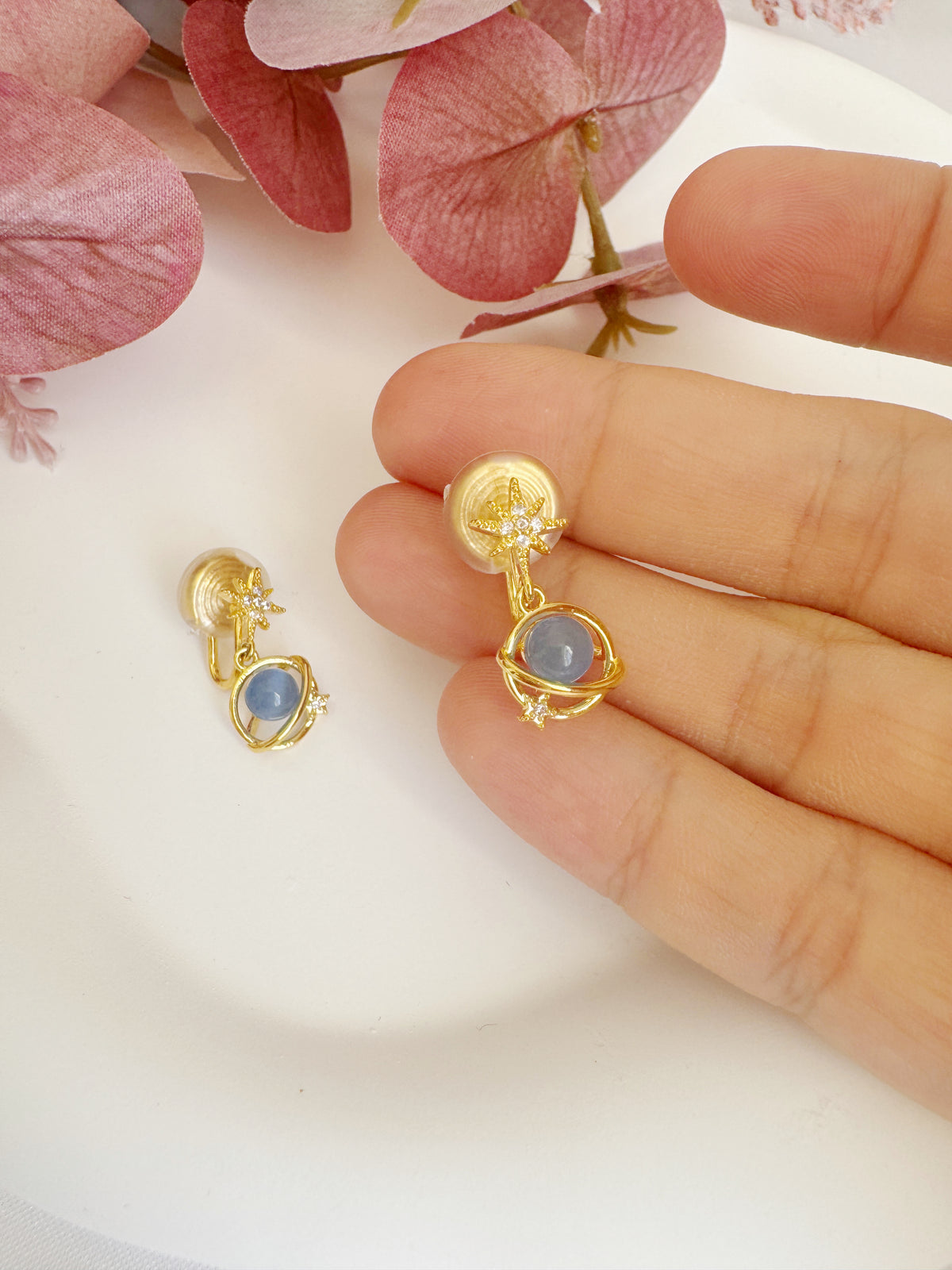 Blue Planet Dangle Clip-On Earrings – Gold Non-Pierced Ear Clips