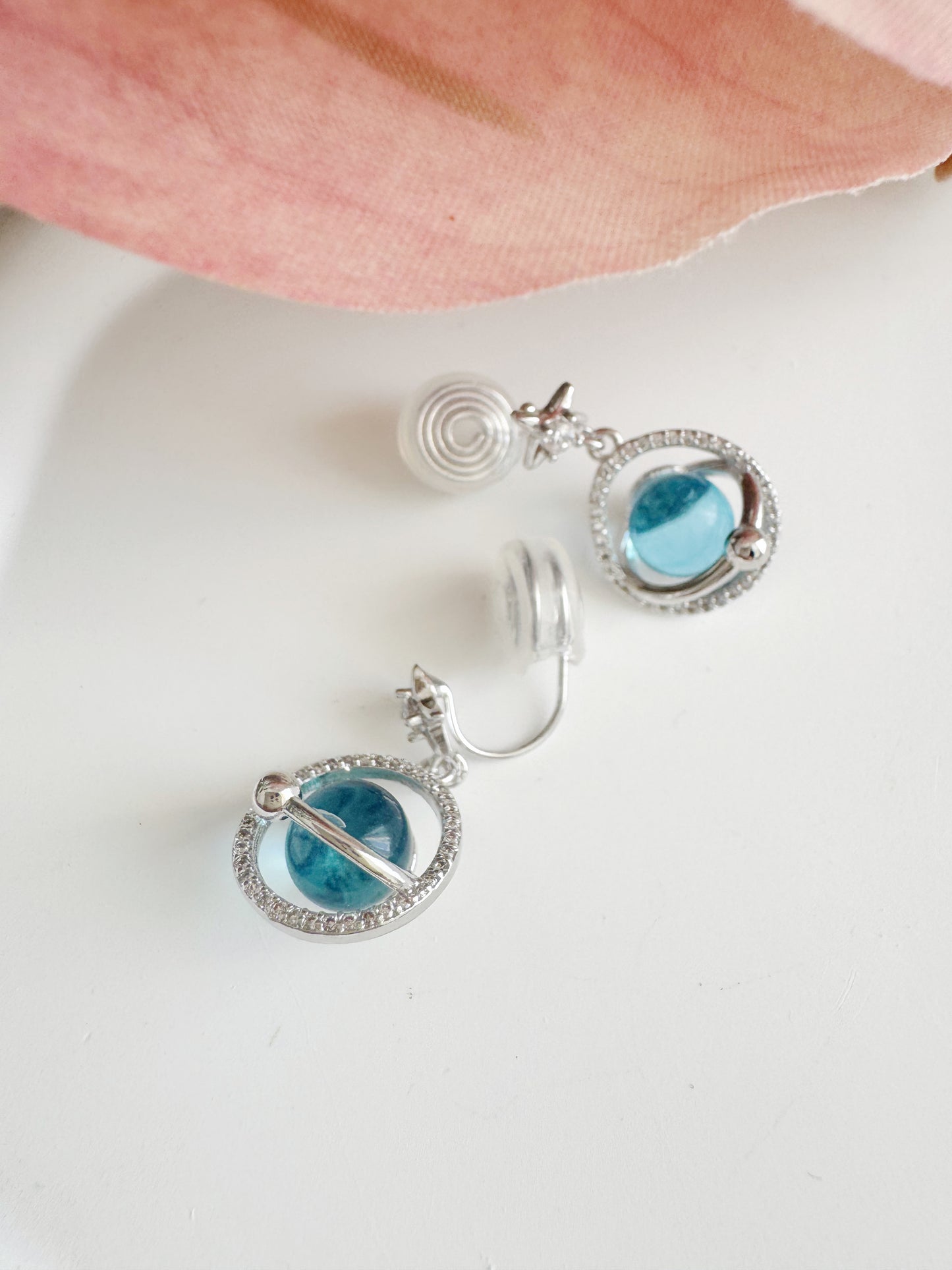 Blue Planet Dangle Clip-On Earrings – Silver Non-Pierced Ear Clips