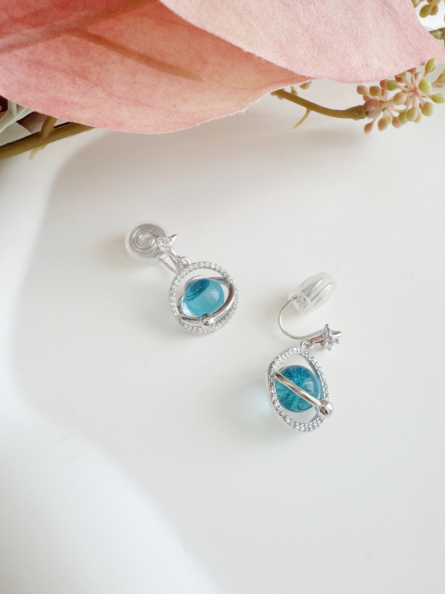 Blue Planet Dangle Clip-On Earrings – Silver Non-Pierced Ear Clips