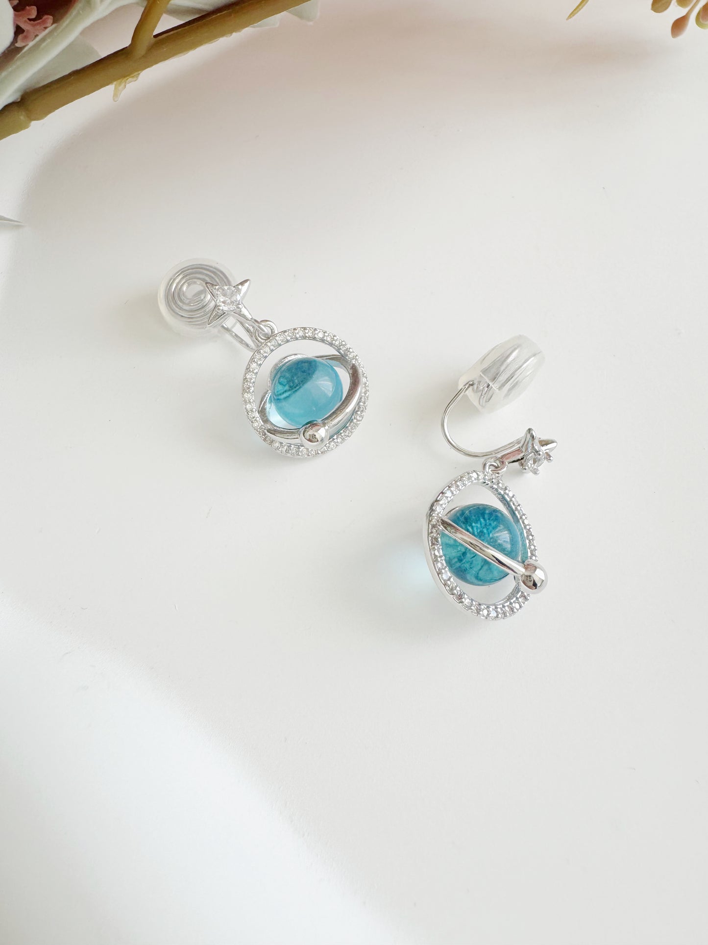 Blue Planet Dangle Clip-On Earrings – Silver Non-Pierced Ear Clips