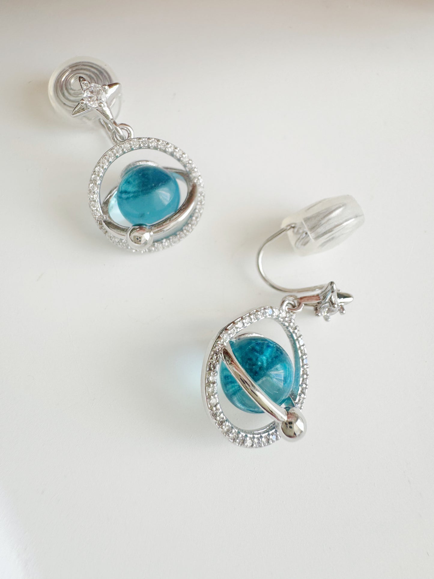 Blue Planet Dangle Clip-On Earrings – Silver Non-Pierced Ear Clips