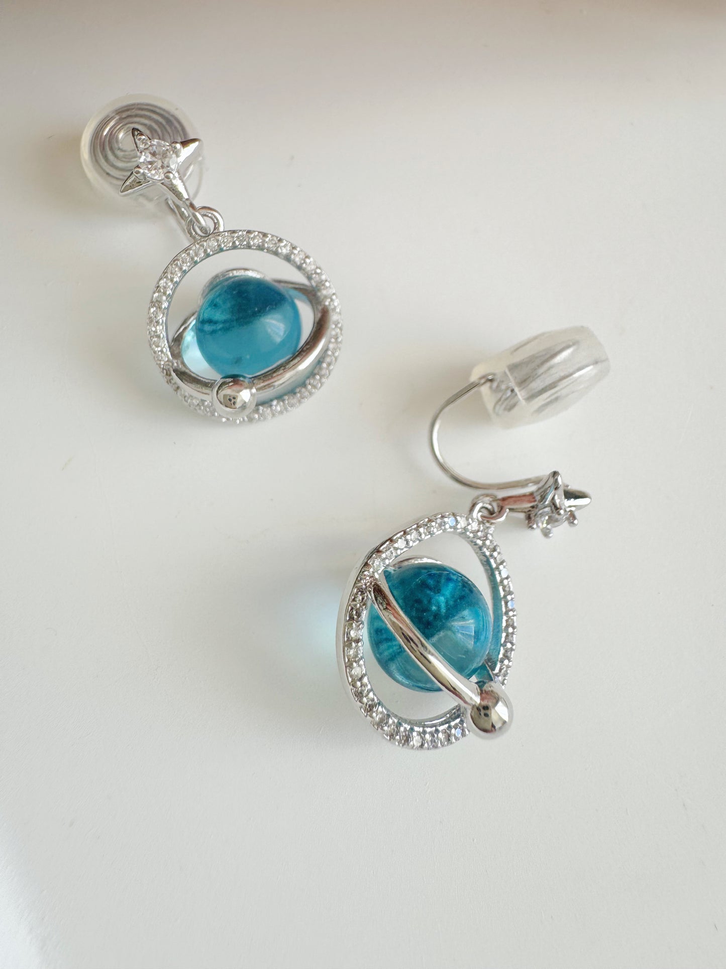 Blue Planet Dangle Clip-On Earrings – Silver Non-Pierced Ear Clips