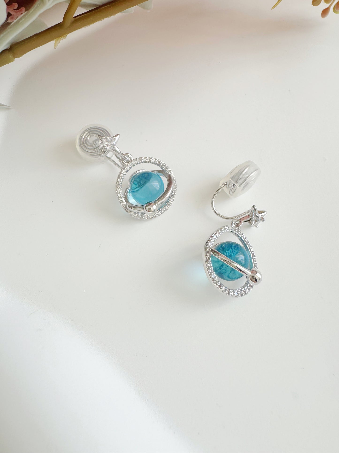 Blue Planet Dangle Clip-On Earrings – Silver Non-Pierced Ear Clips