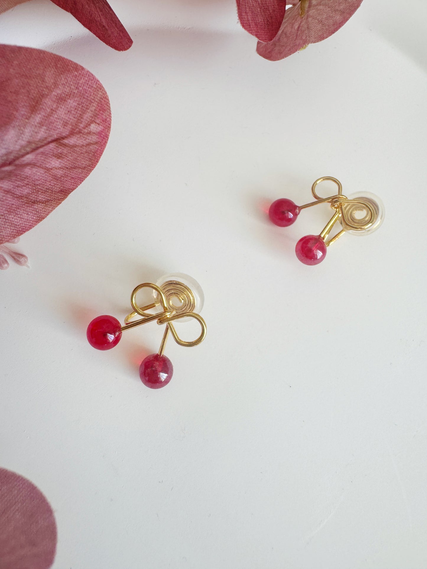 Minimalist Cherry Bow Clip-On Earrings - Cute Red Bead Non-Pierced Ear Clips