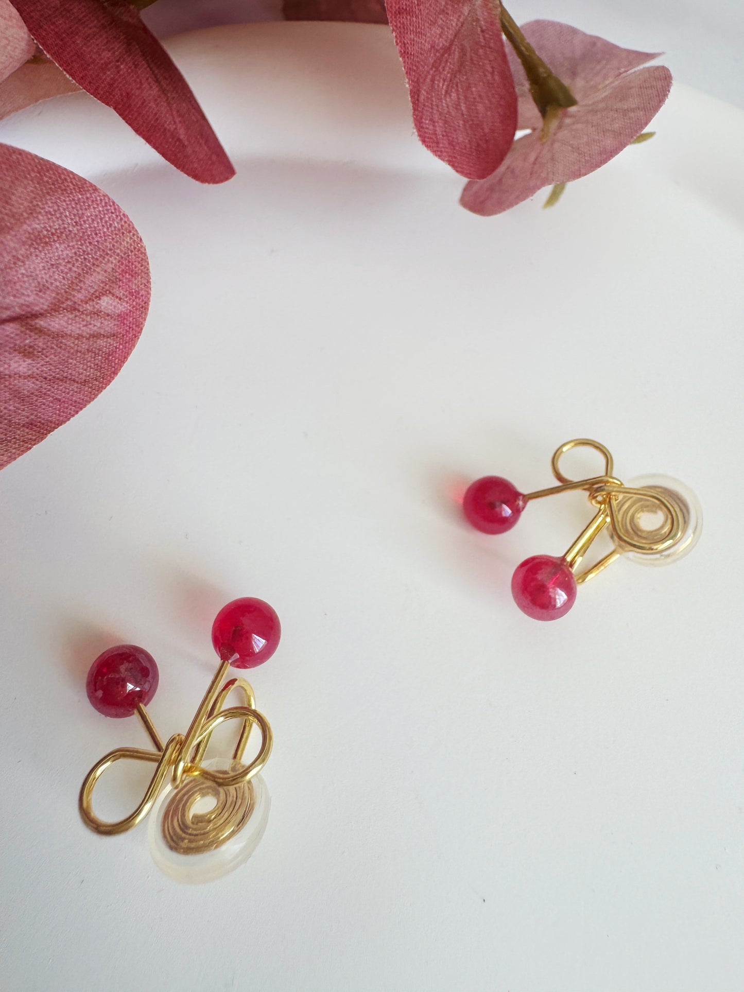 Minimalist Cherry Bow Clip-On Earrings - Cute Red Bead Non-Pierced Ear Clips