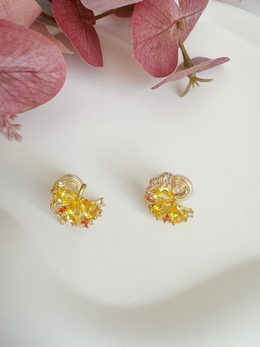 Gold Ginkgo Leaf Zircon Stud Clip-On Earrings - Non-Pierced Ear Clips
