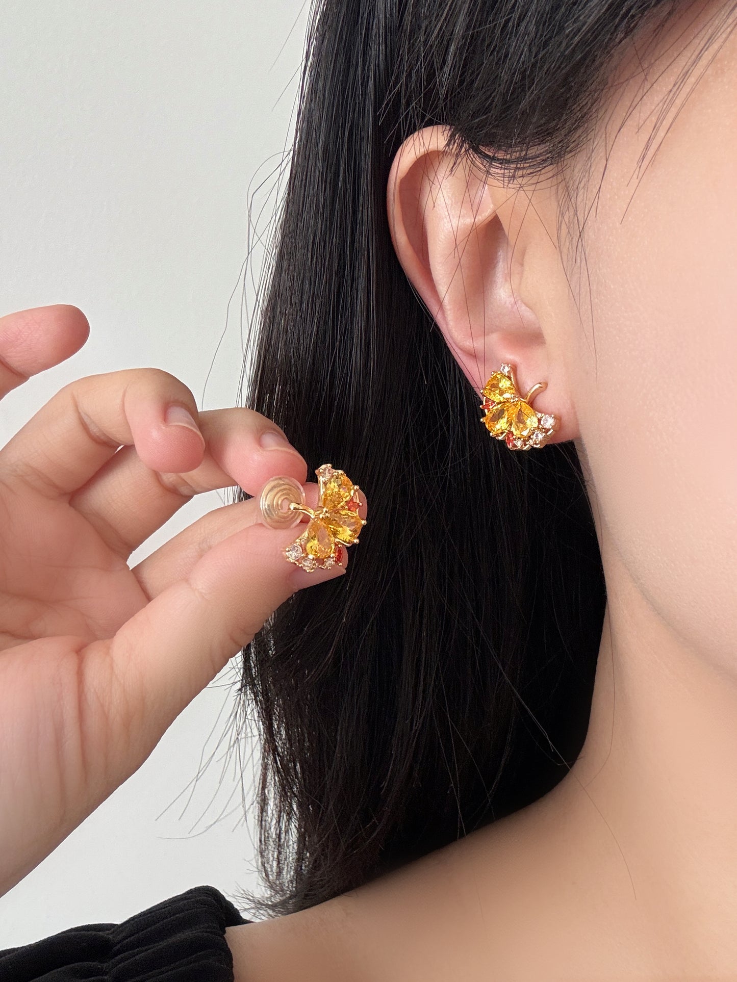 Gold Ginkgo Leaf Zircon Stud Clip-On Earrings - Non-Pierced Ear Clips
