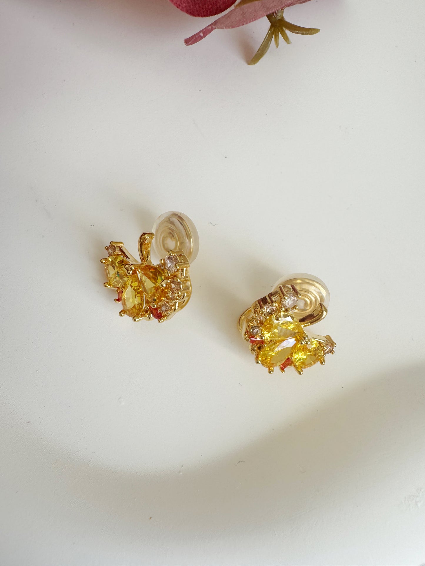 Gold Ginkgo Leaf Zircon Stud Clip-On Earrings - Non-Pierced Ear Clips