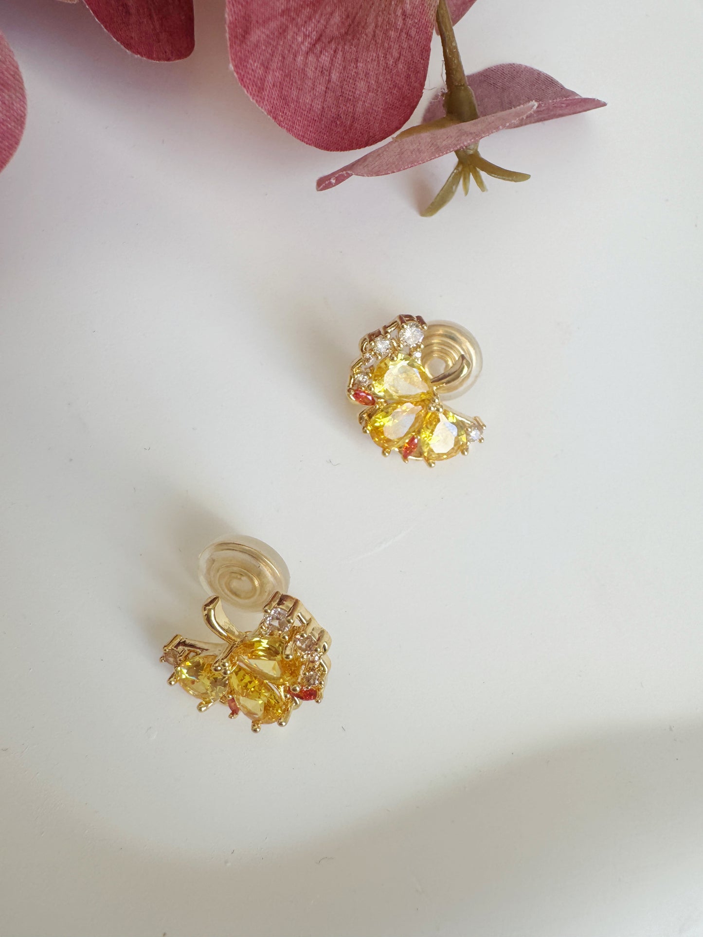 Gold Ginkgo Leaf Zircon Stud Clip-On Earrings - Non-Pierced Ear Clips