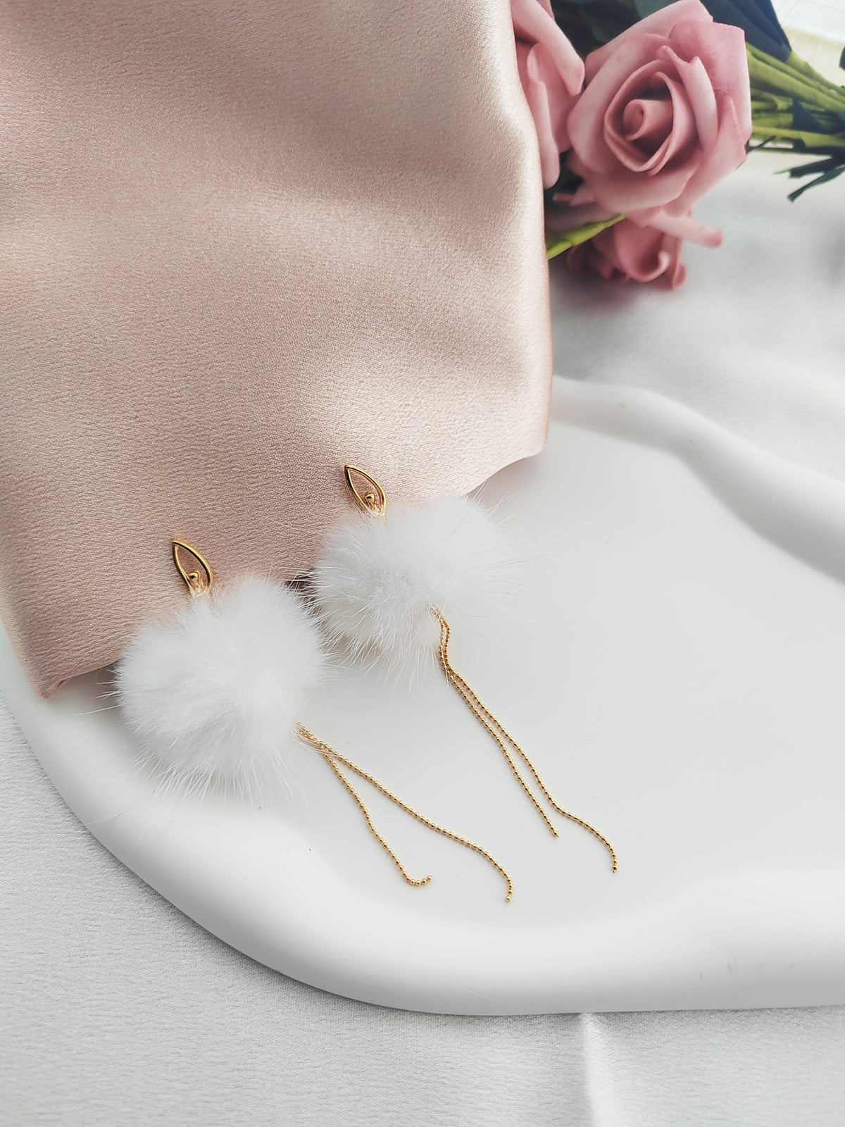 White Pom-Pom Ballerina Girl Clip-On Earrings - Cute Red Bead Non-Pierced Ear Clips