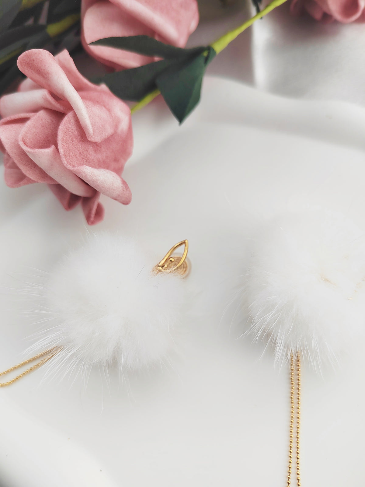 White Pom-Pom Ballerina Girl Clip-On Earrings - Cute Red Bead Non-Pierced Ear Clips