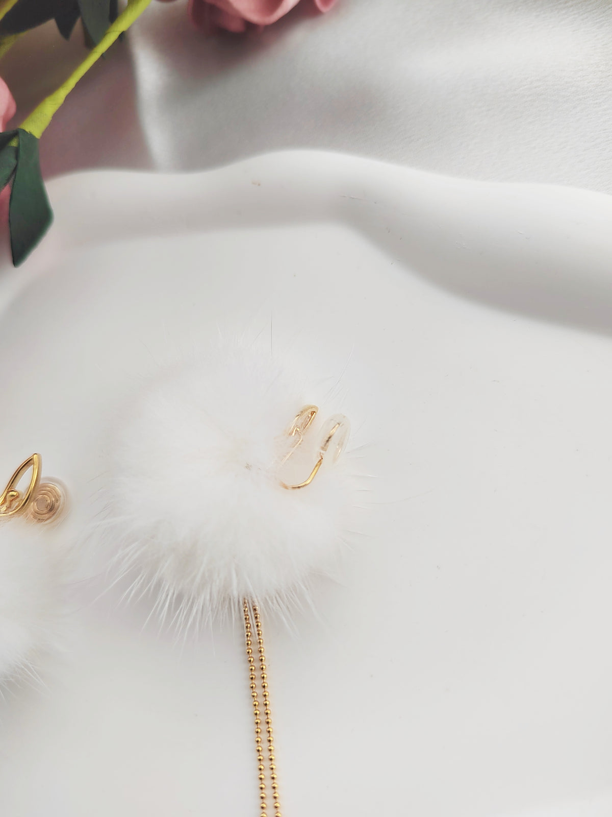 White Pom-Pom Ballerina Girl Clip-On Earrings - Cute Red Bead Non-Pierced Ear Clips