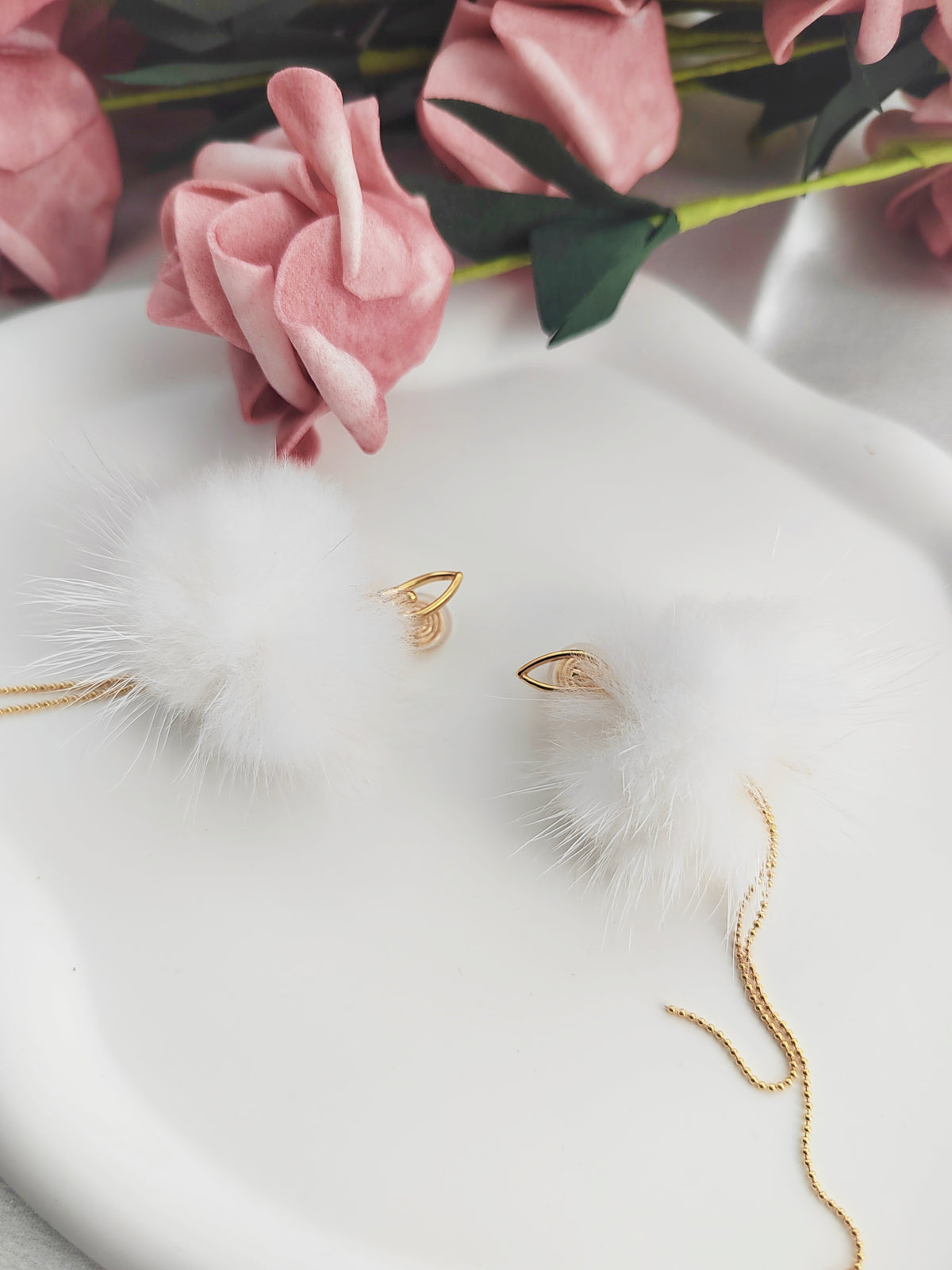 White Pom-Pom Ballerina Girl Clip-On Earrings - Cute Red Bead Non-Pierced Ear Clips