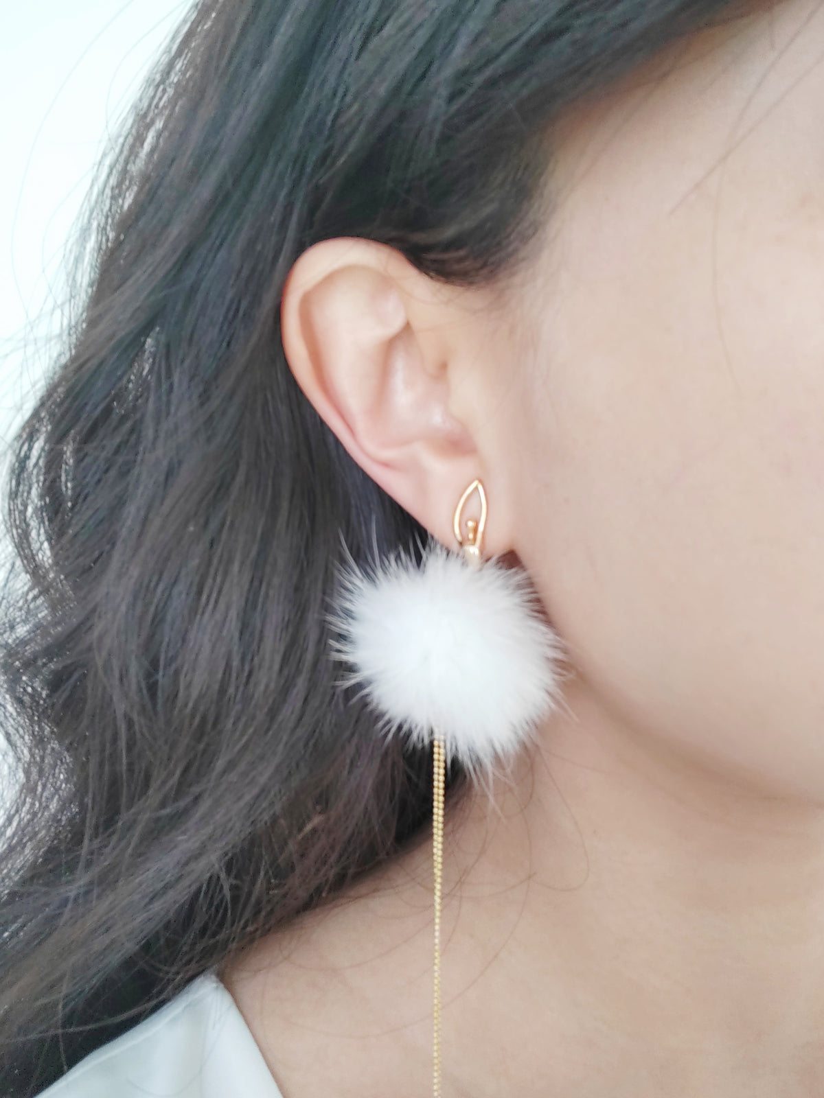White Pom-Pom Ballerina Girl Clip-On Earrings - Cute Red Bead Non-Pierced Ear Clips