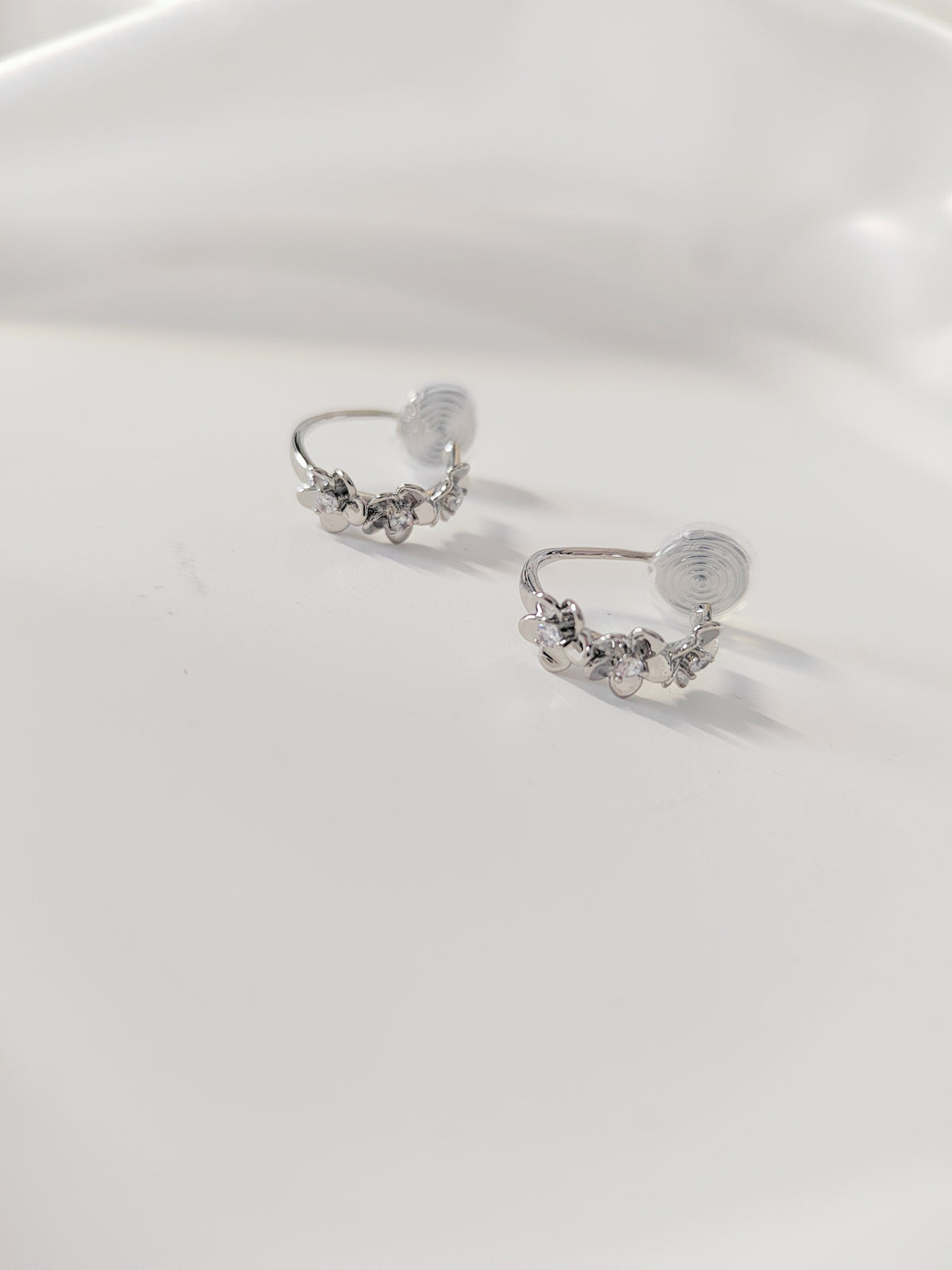 Silver Flowers Hoop Clip-On Earrings - Non-Pierced Ear Clips