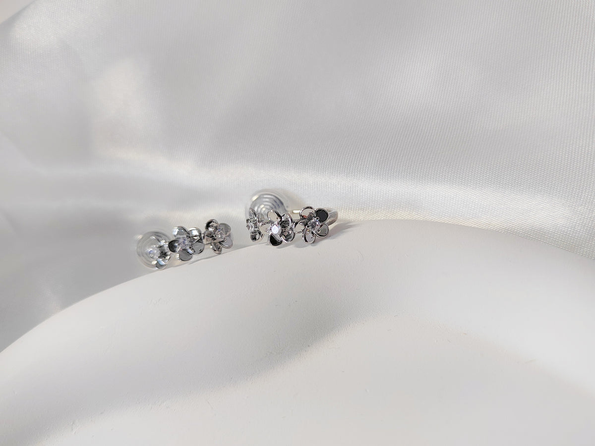 Silver Flowers Hoop Clip-On Earrings - Non-Pierced Ear Clips