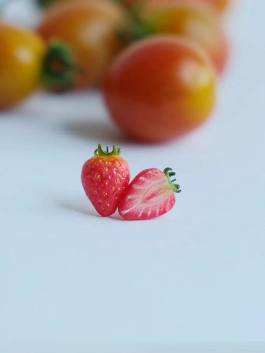 Mini Strawberry Clip-On Earrings – Polymer Clay Stud Non-Pierced Ear Clips