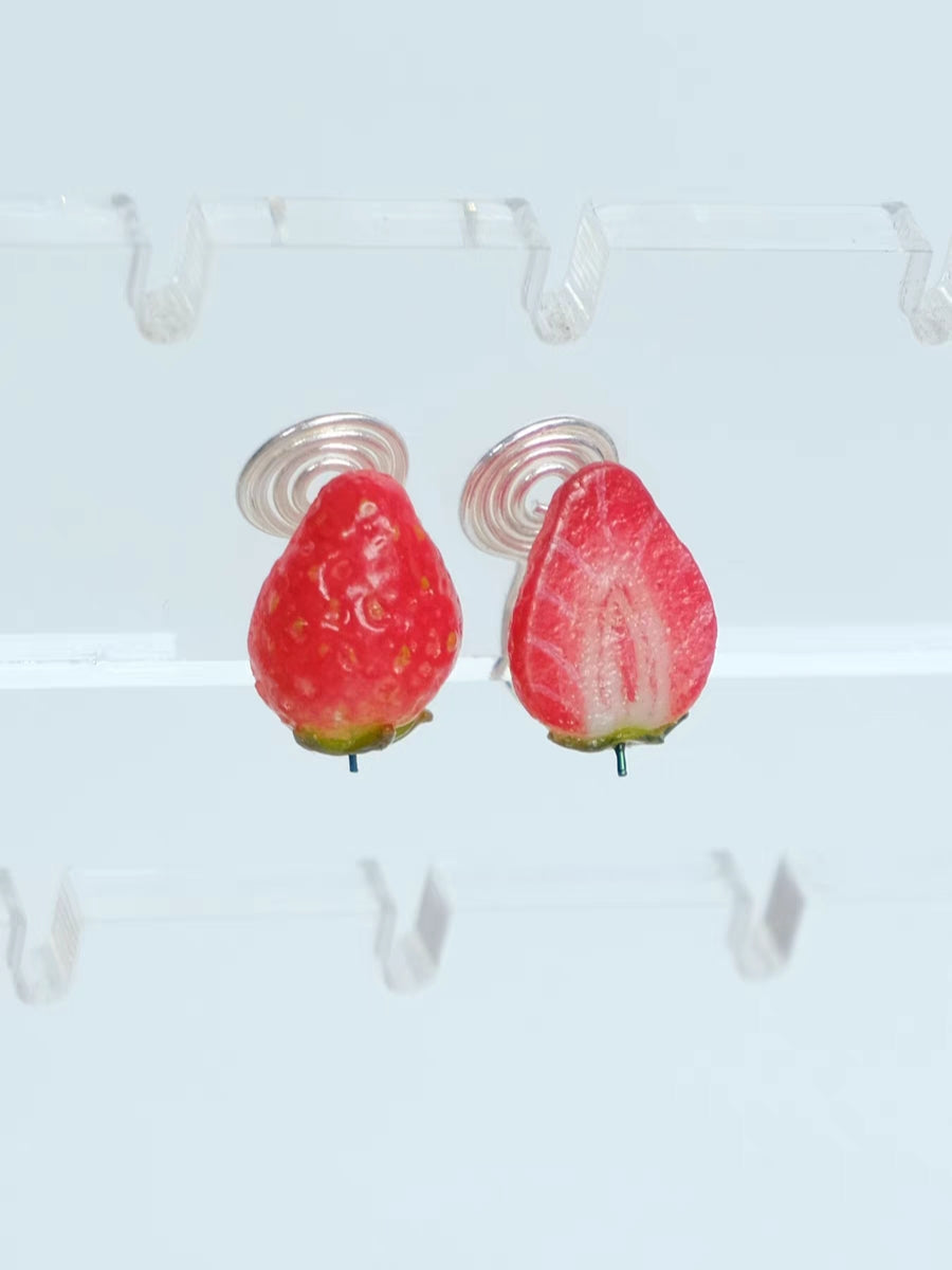 Mini Strawberry Clip-On Earrings – Polymer Clay Stud Non-Pierced Ear Clips