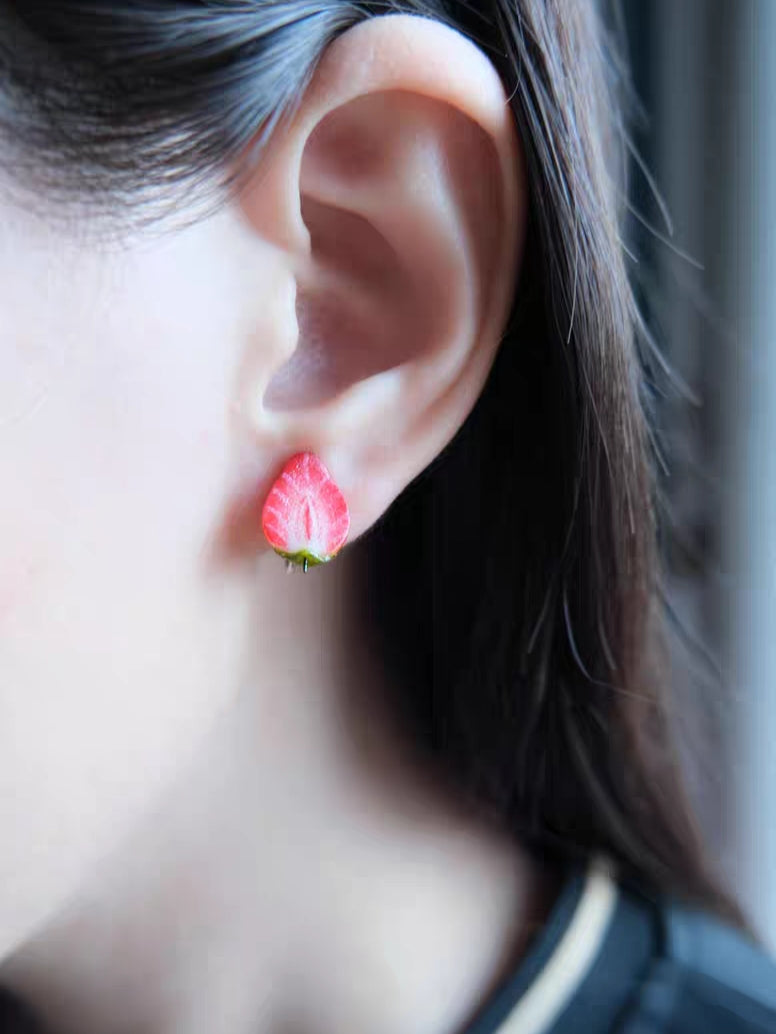 Mini Strawberry Clip-On Earrings – Polymer Clay Stud Non-Pierced Ear Clips