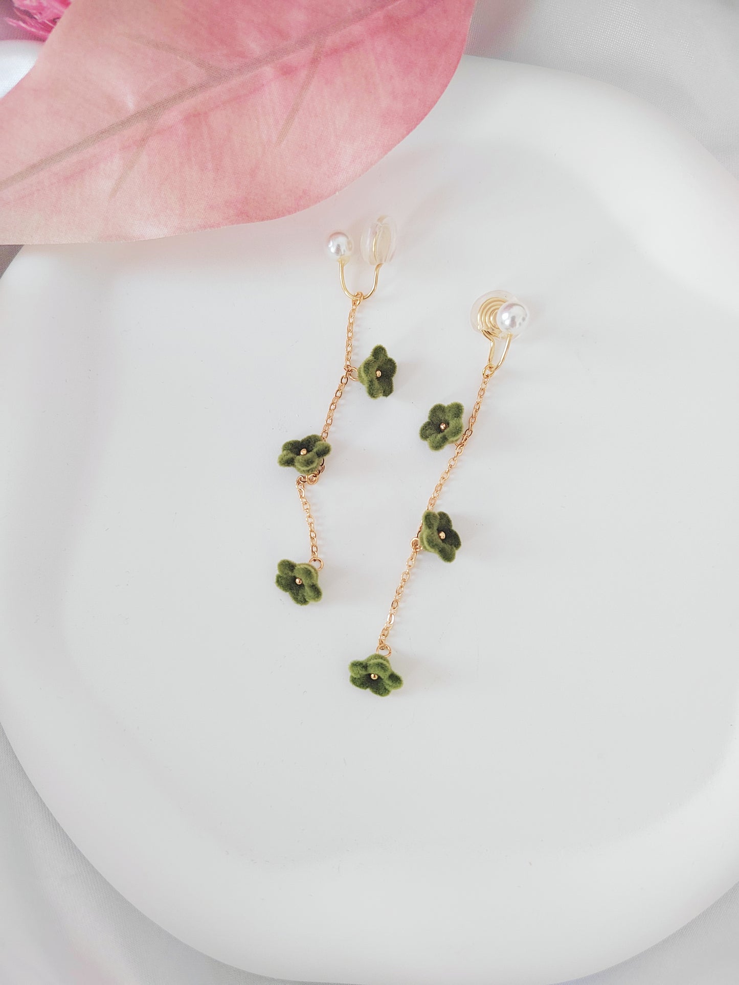 Green Velvet Flowers Clip-On Earrings – Pearl and Gold Tassel Non-Pierced Ear Clips