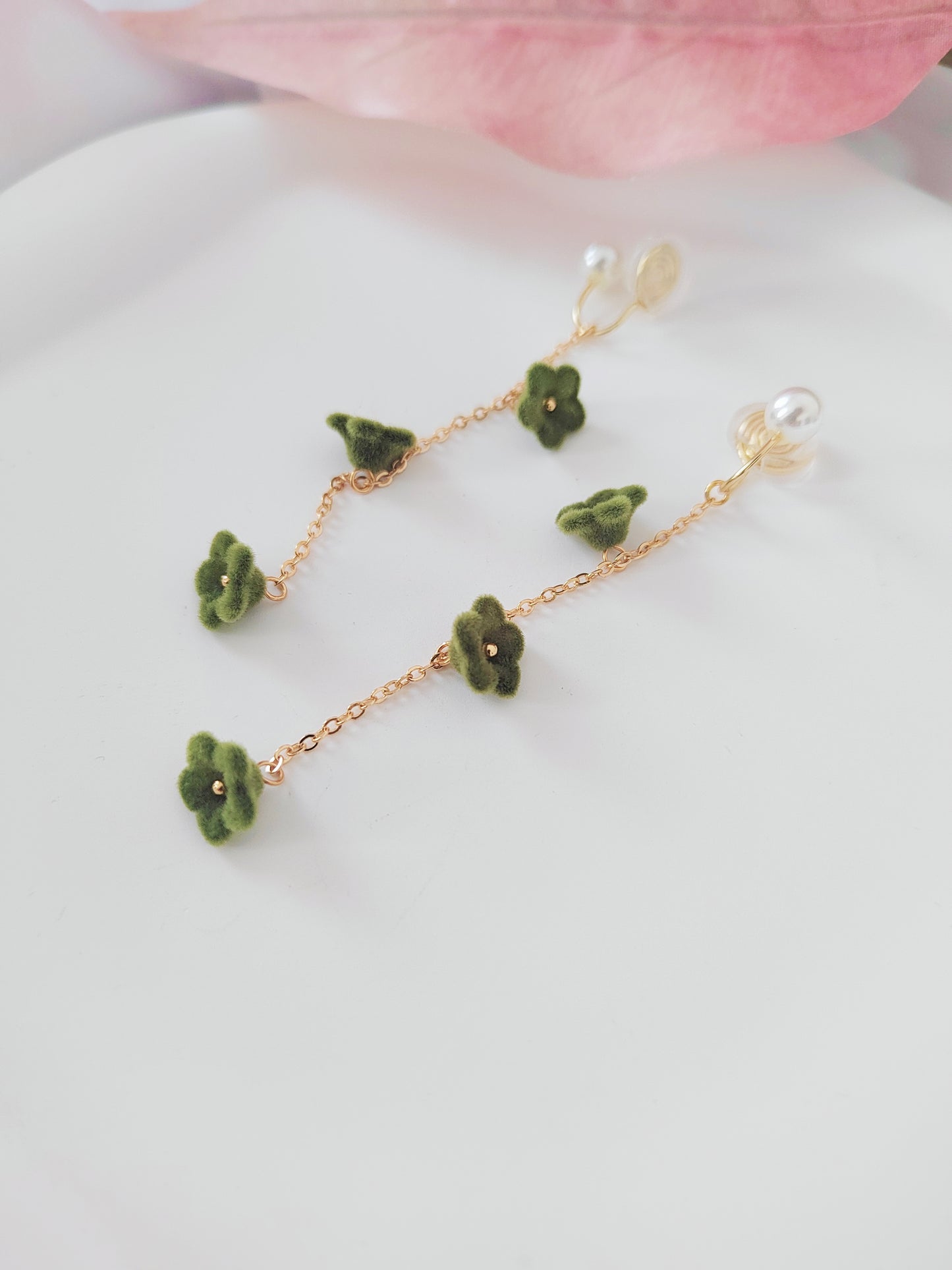 Green Velvet Flowers Clip-On Earrings – Pearl and Gold Tassel Non-Pierced Ear Clips