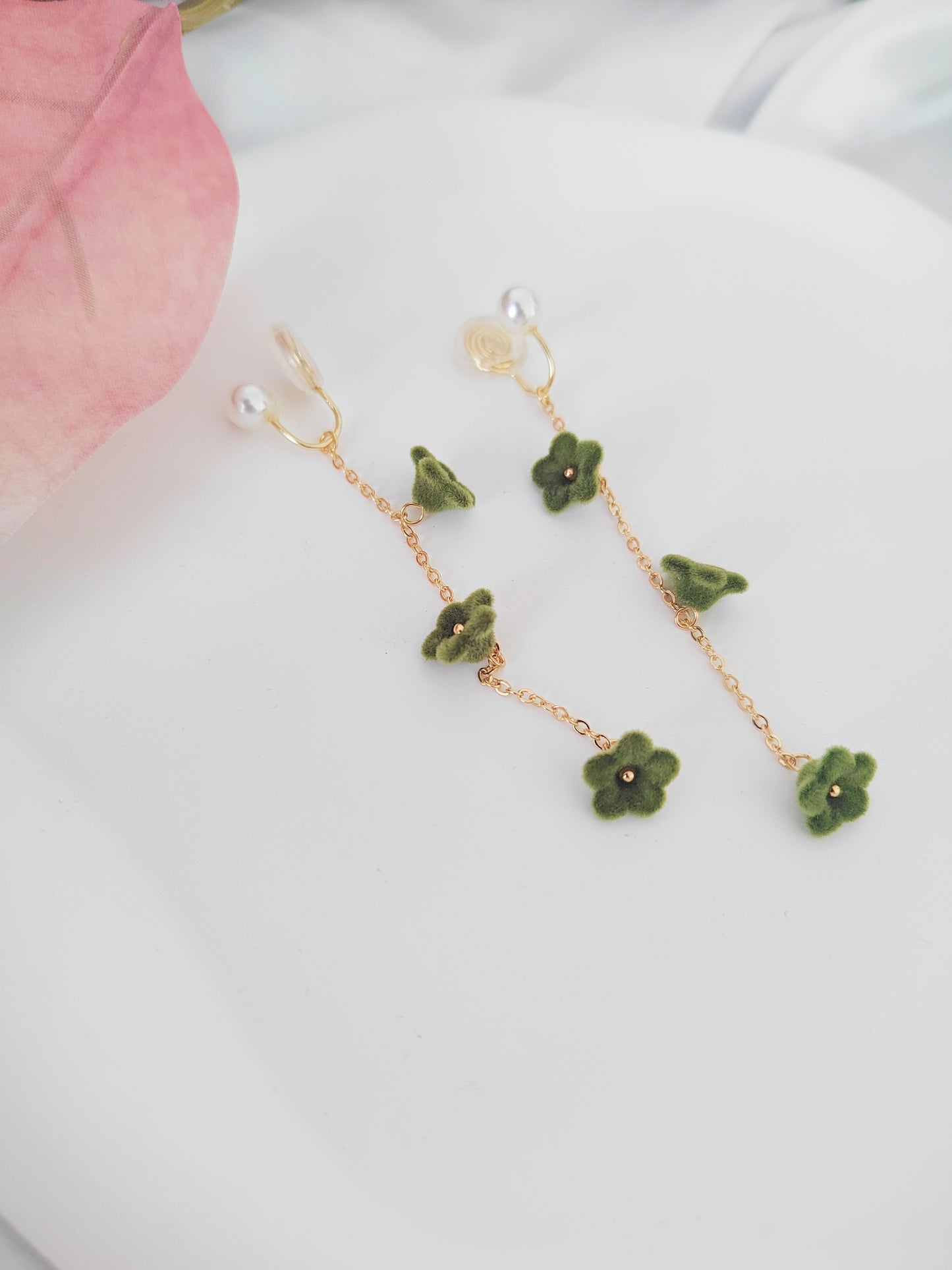 Green Velvet Flowers Clip-On Earrings – Pearl and Gold Tassel Non-Pierced Ear Clips