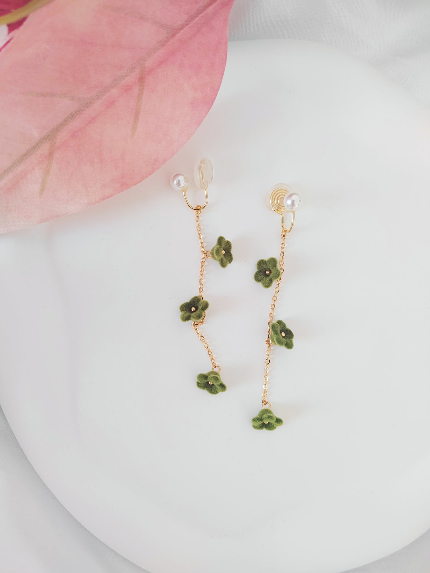 Green Velvet Flowers Clip-On Earrings – Pearl and Gold Tassel Non-Pierced Ear Clips