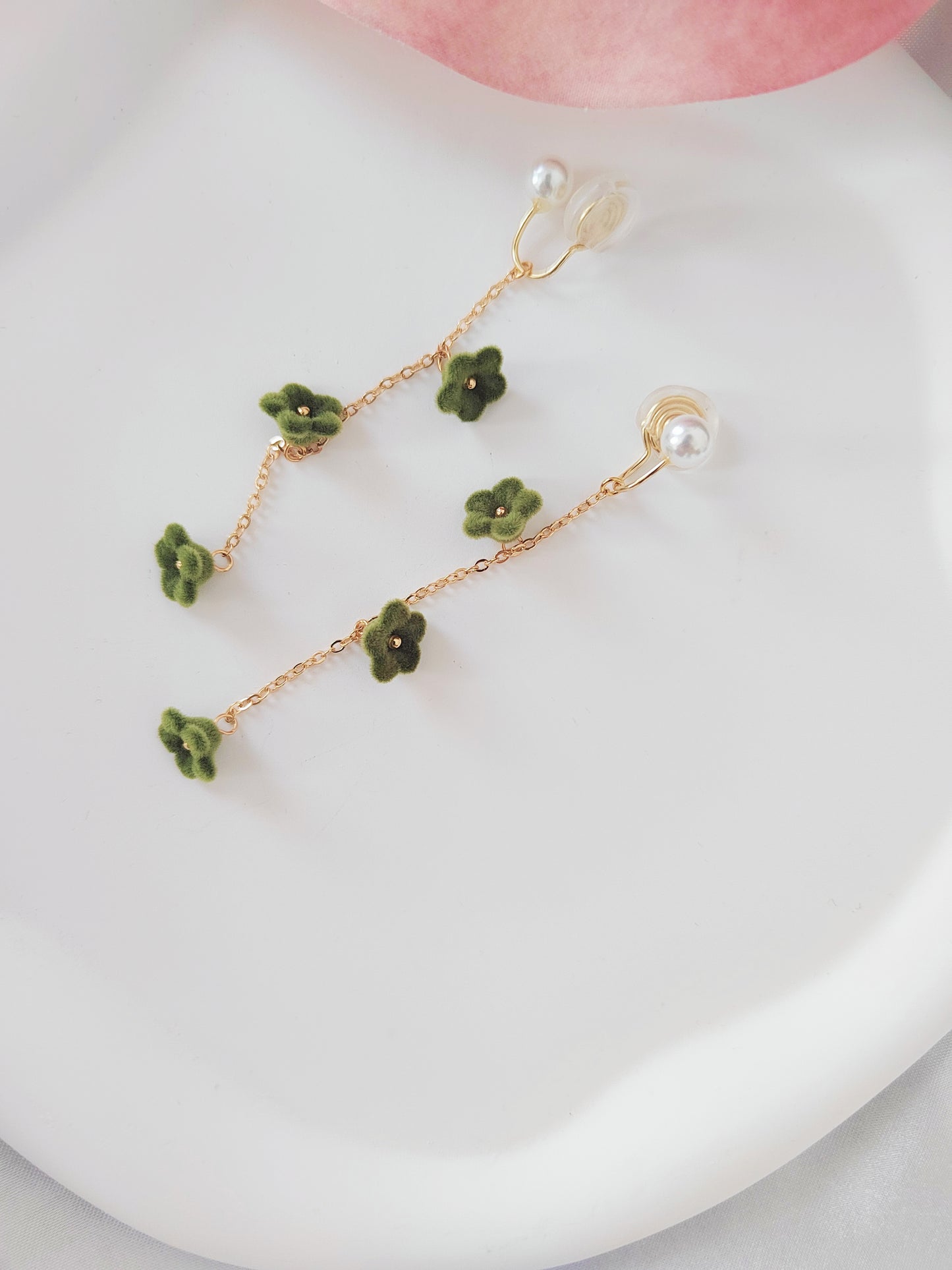 Green Velvet Flowers Clip-On Earrings – Pearl and Gold Tassel Non-Pierced Ear Clips