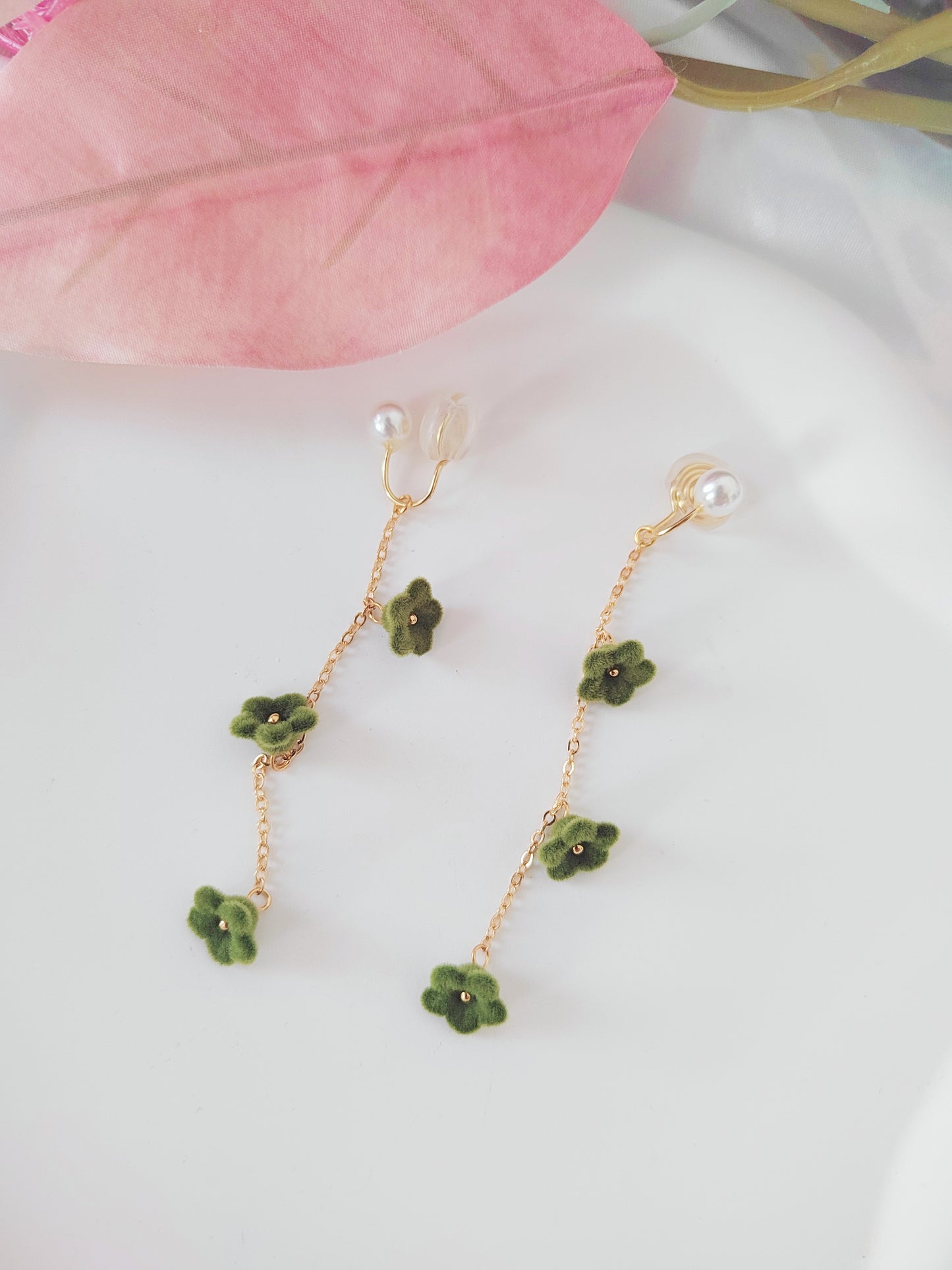 Green Velvet Flowers Clip-On Earrings – Pearl and Gold Tassel Non-Pierced Ear Clips