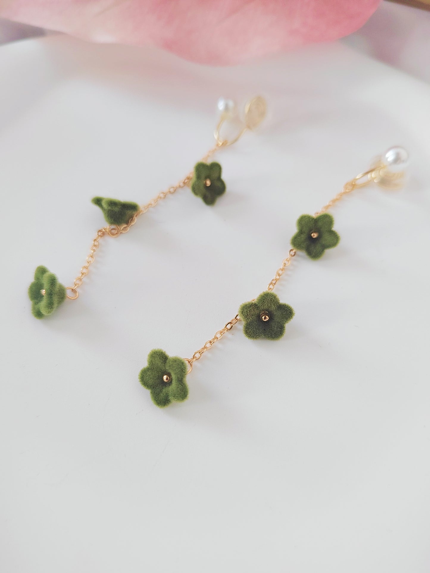 Green Velvet Flowers Clip-On Earrings – Pearl and Gold Tassel Non-Pierced Ear Clips