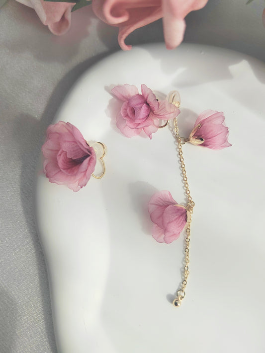 Mismatched Pink Flower Clip-On Earrings – Pink Floral Non-Pierced Ear Clips