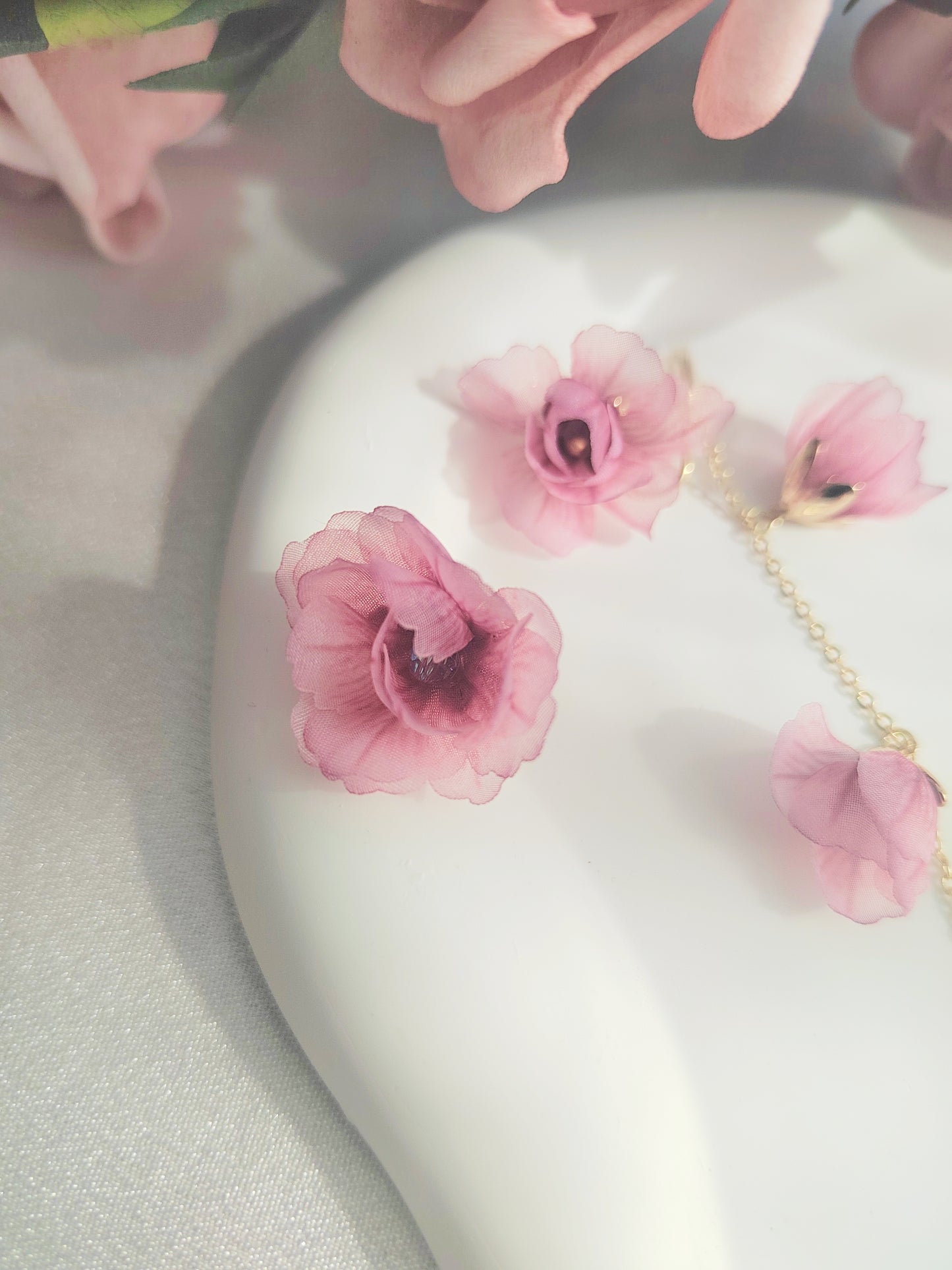 Mismatched Pink Flower Clip-On Earrings – Pink Floral Non-Pierced Ear Clips