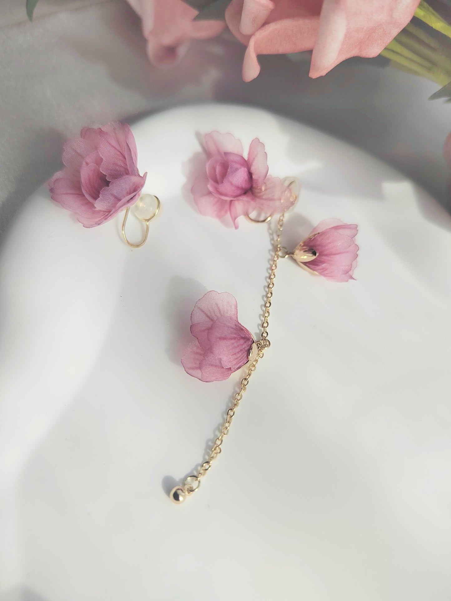 Mismatched Pink Flower Clip-On Earrings – Pink Floral Non-Pierced Ear Clips