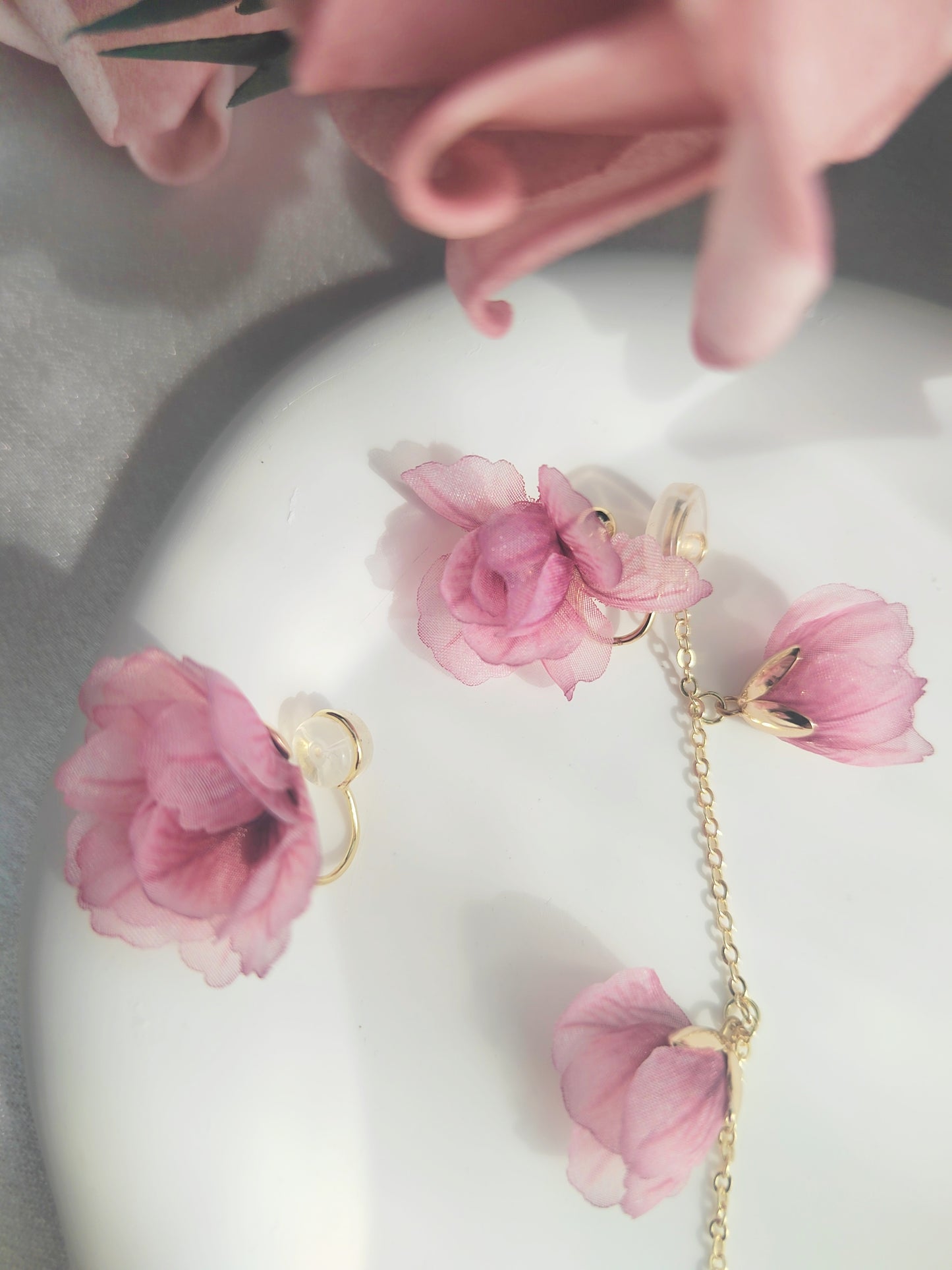 Mismatched Pink Flower Clip-On Earrings – Pink Floral Non-Pierced Ear Clips