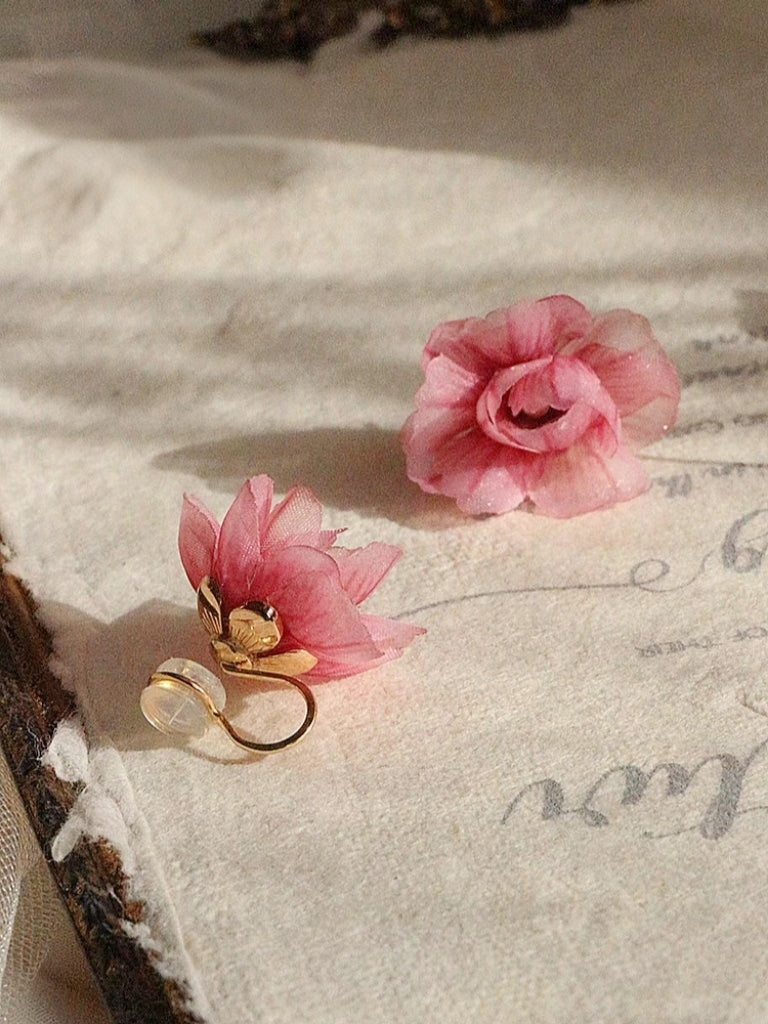 Mismatched Pink Flower Clip-On Earrings – Pink Floral Non-Pierced Ear Clips