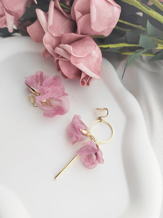 Mismatched Pink Flower Gold Hoop Clip-On Earrings-Non-Pierced Ear Clips