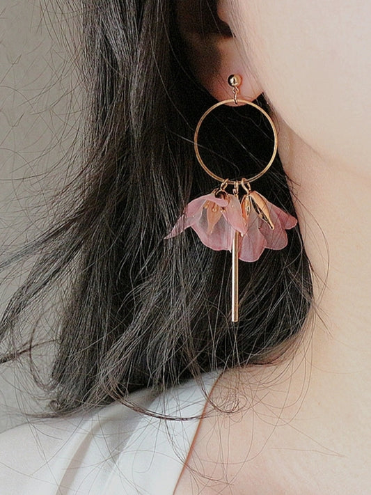 Mismatched Pink Flower Gold Hoop Clip-On Earrings-Non-Pierced Ear Clips