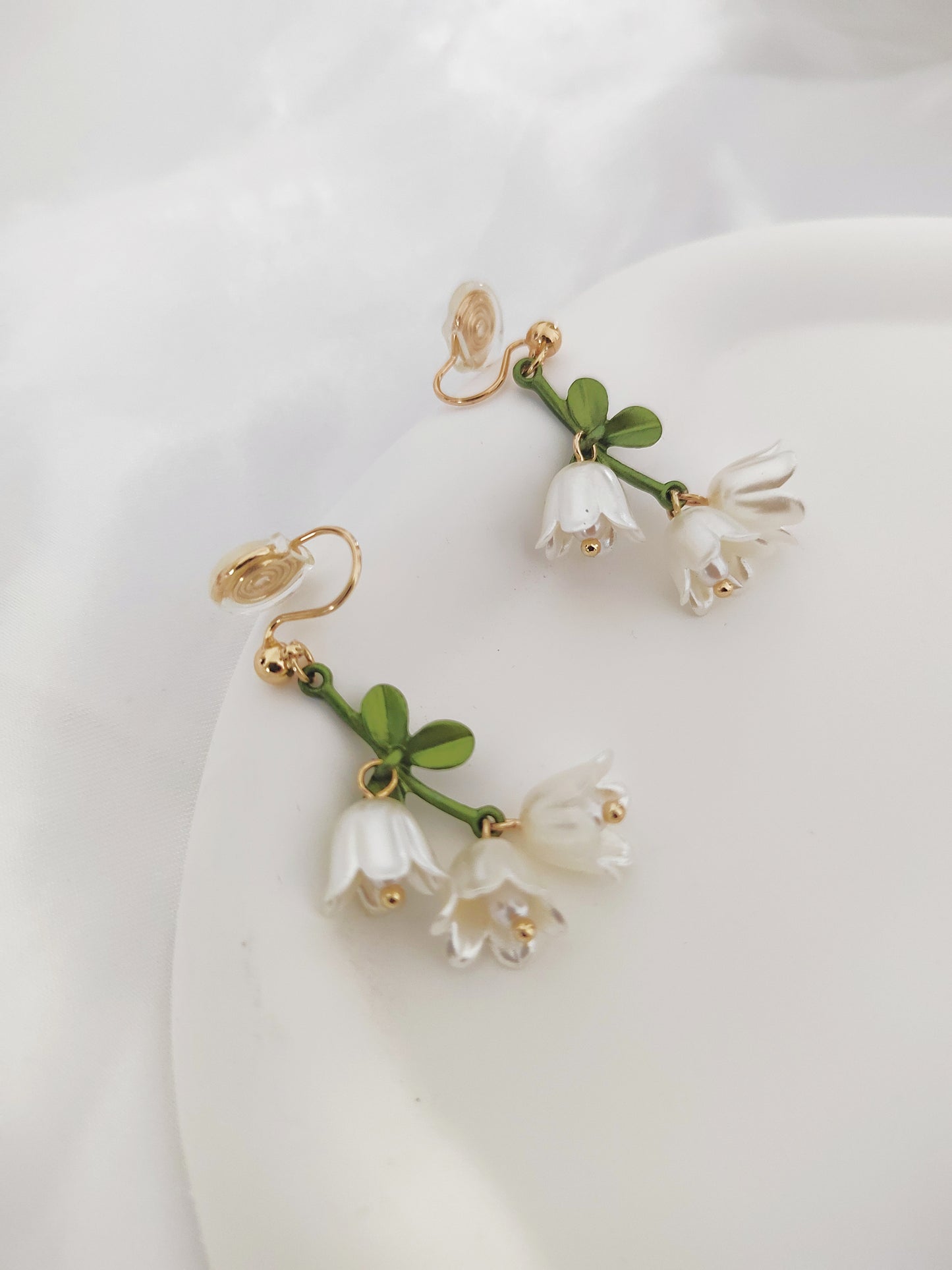 white bluebell floral clip on earrings non pierced ears