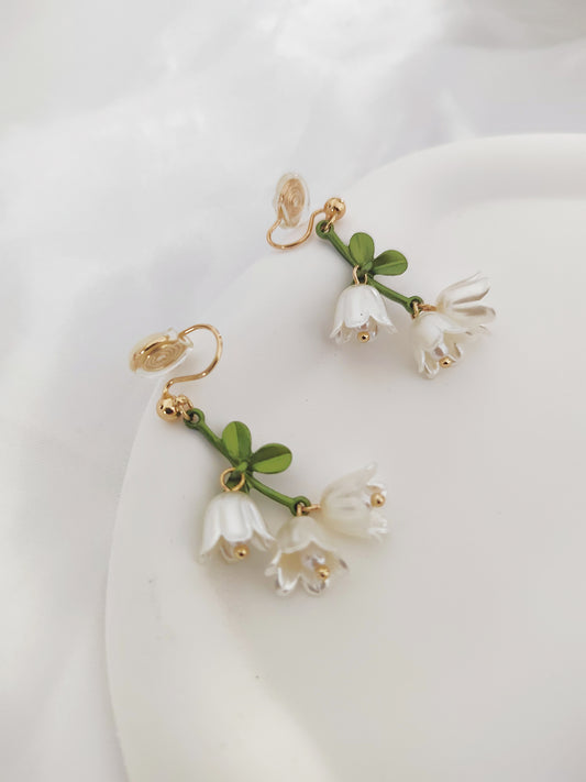 white bluebell floral clip on earrings non pierced ears